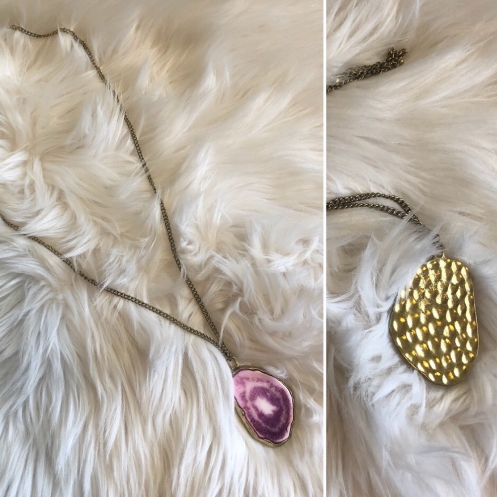 Purple Agate Geode Pendant Necklace.